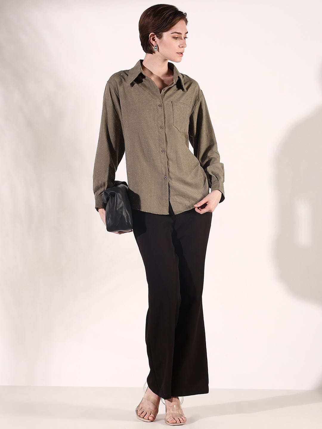 Women's Olive Relaxed Fit Shirt with Embellished Studs