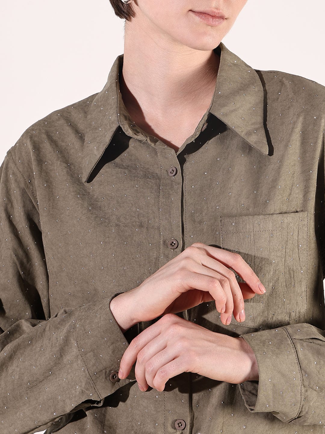 Women's Olive Relaxed Fit Shirt with Embellished Studs