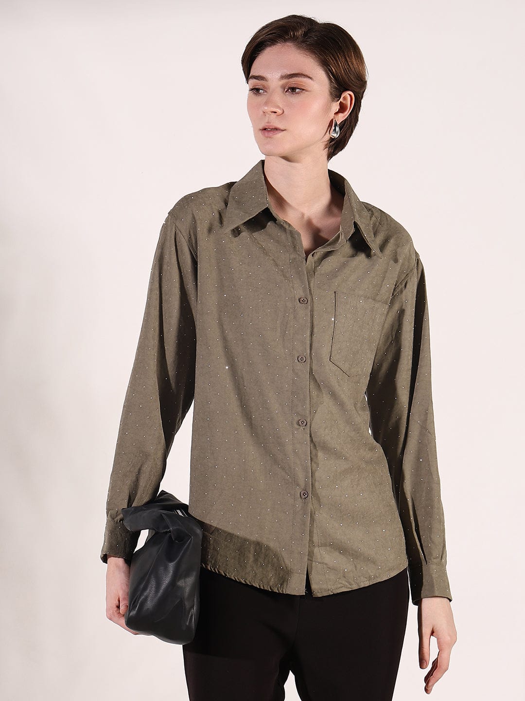 Women's Olive Relaxed Fit Shirt with Embellished Studs