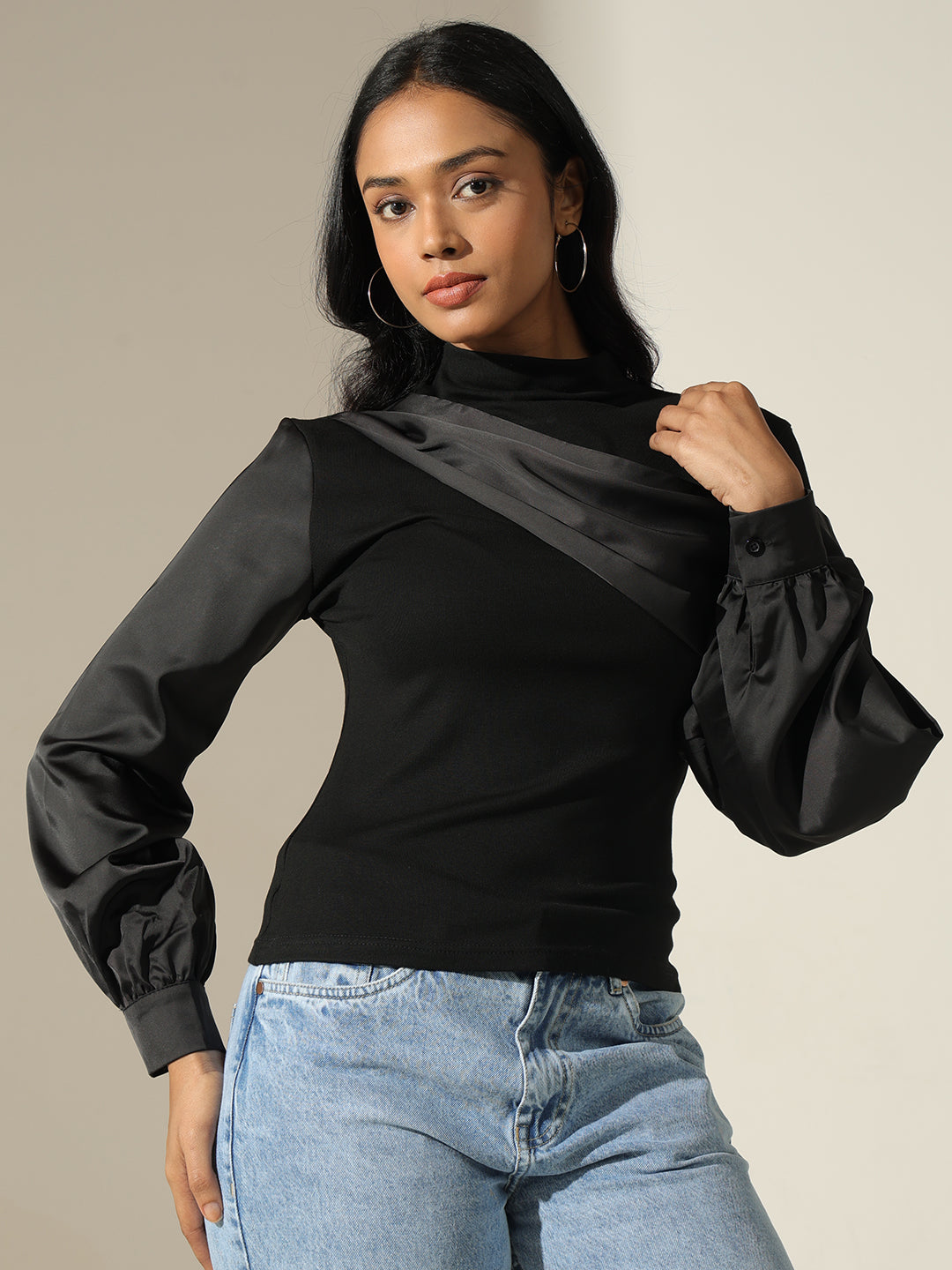 Women's Satin-Panel Black Mock-Neck Top with Balloon Sleeves