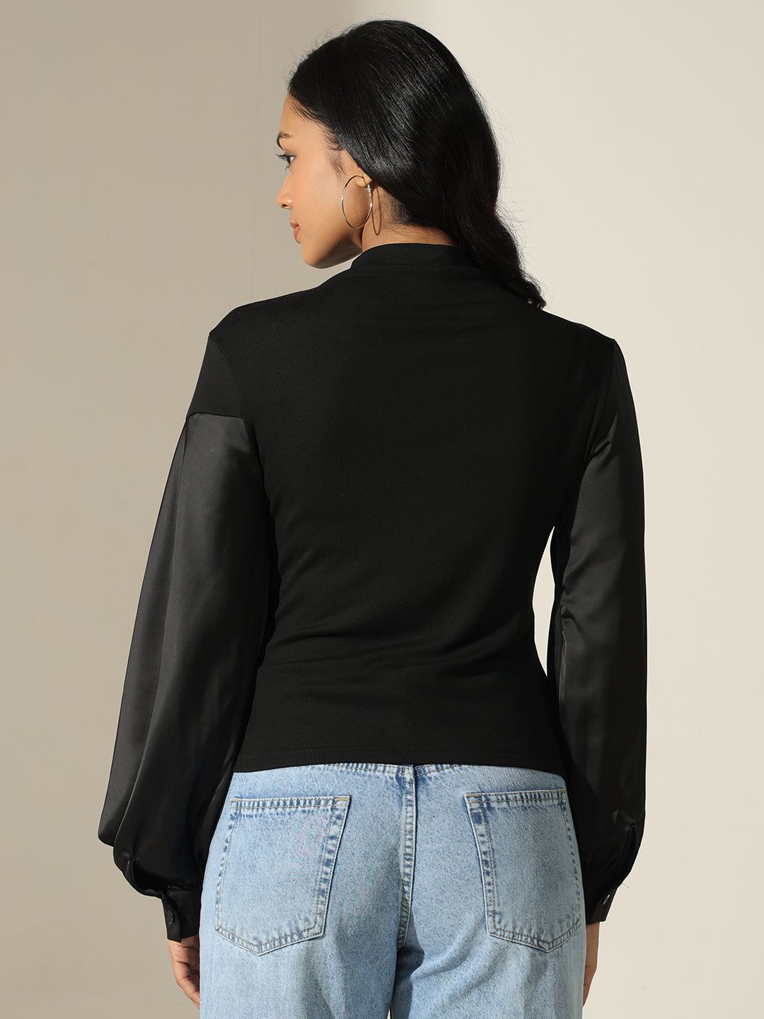 Women's Satin-Panel Black Mock-Neck Top with Balloon Sleeves