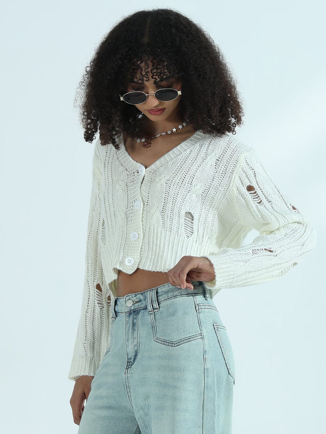 Women's Distressed Off White Cropped Sweater Top