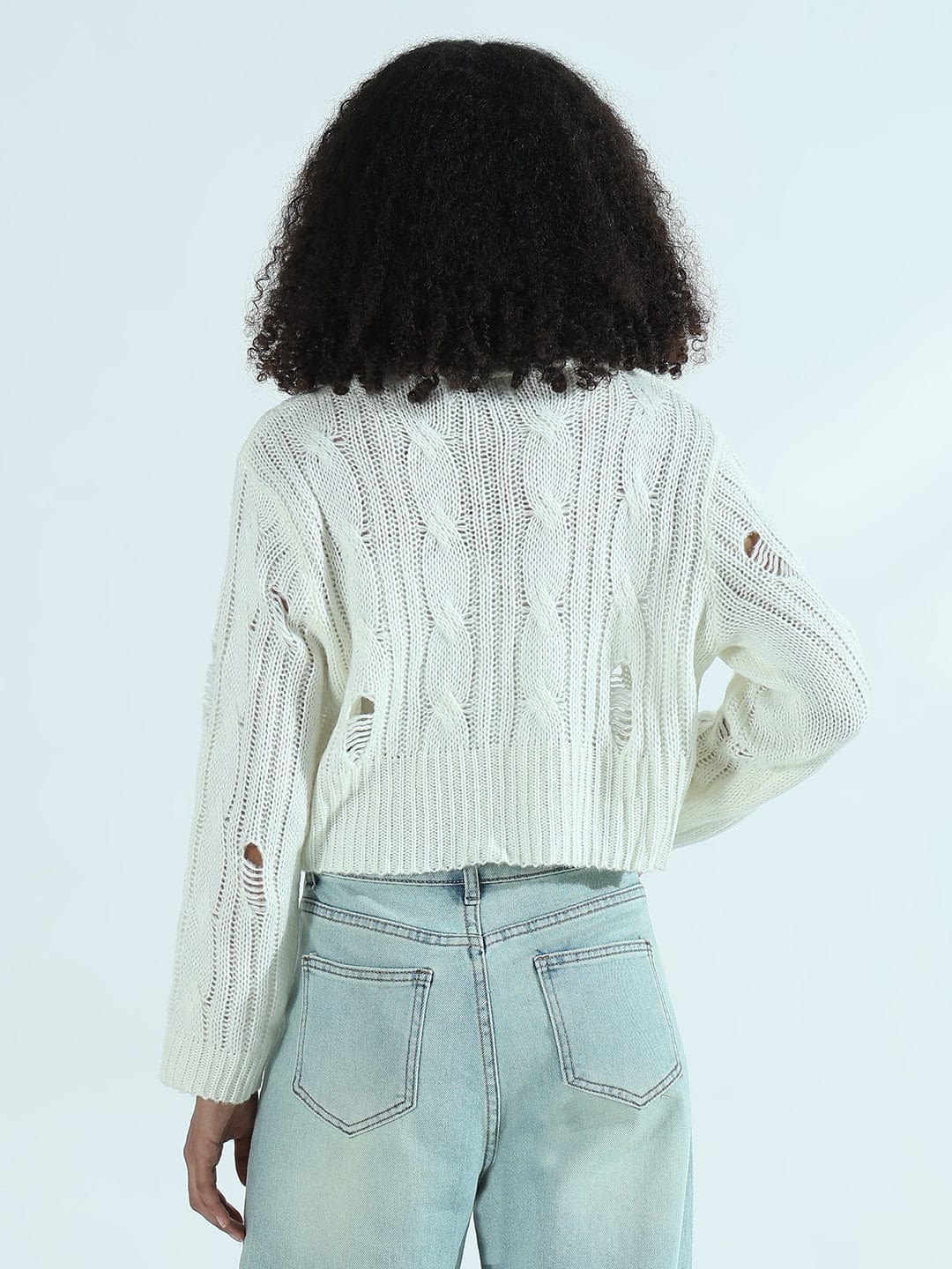 Women's Distressed Off White Cropped Sweater Top