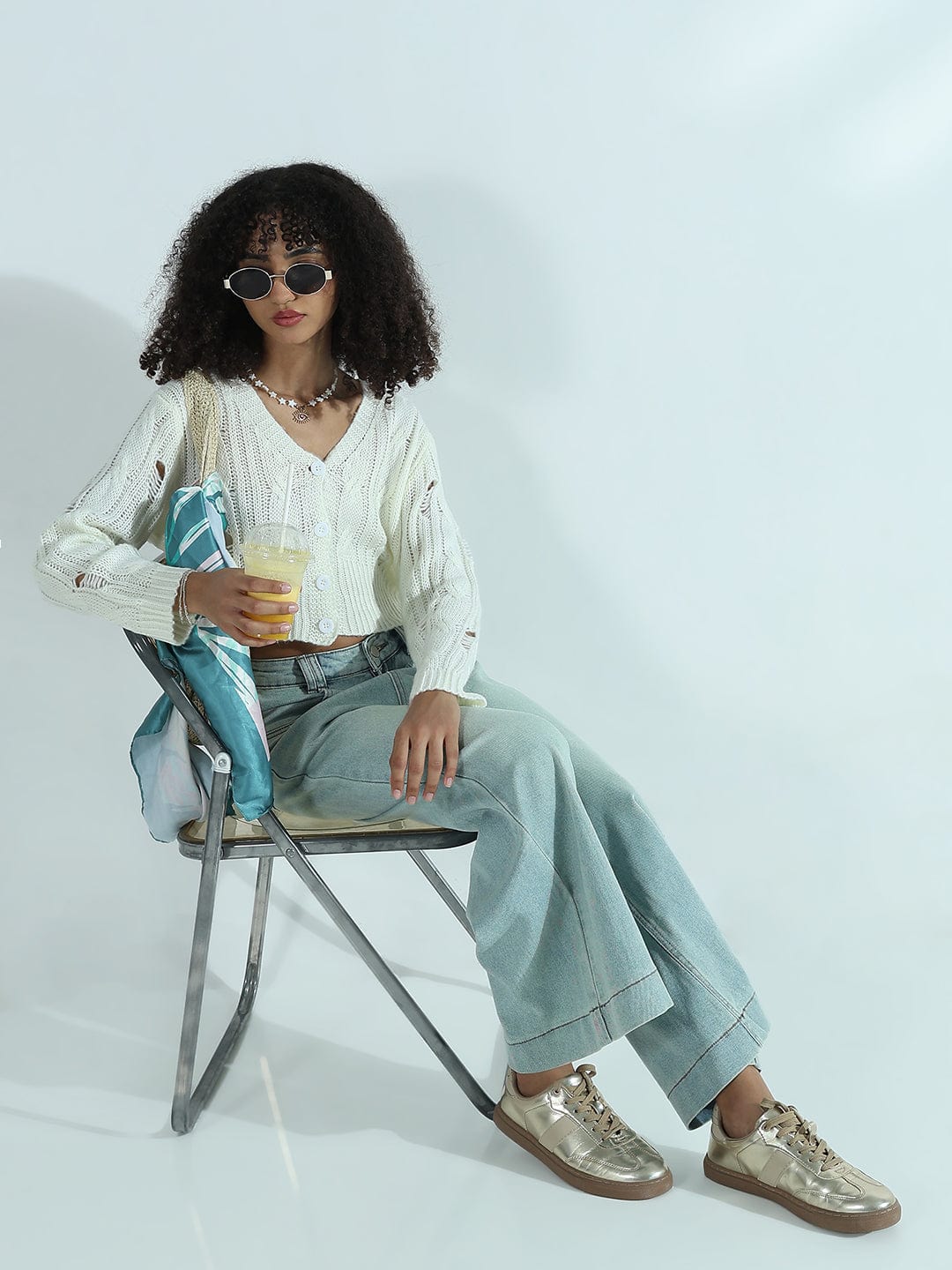 Women's Distressed Off White Cropped Sweater Top