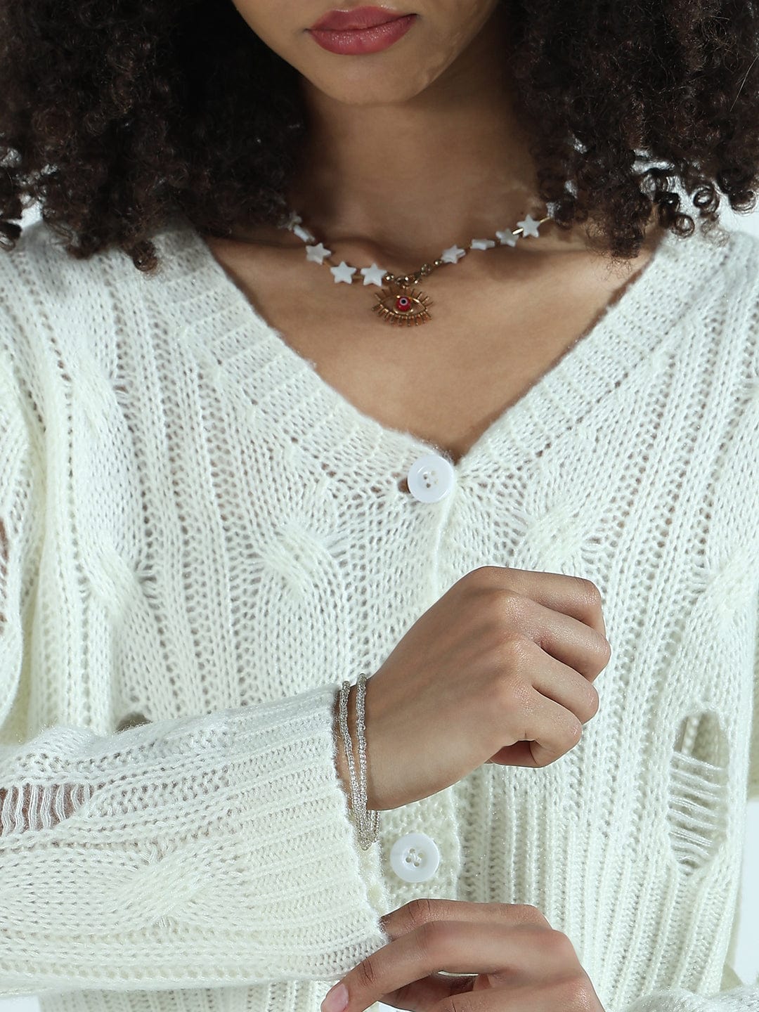 Women's Distressed Off White Cropped Sweater Top