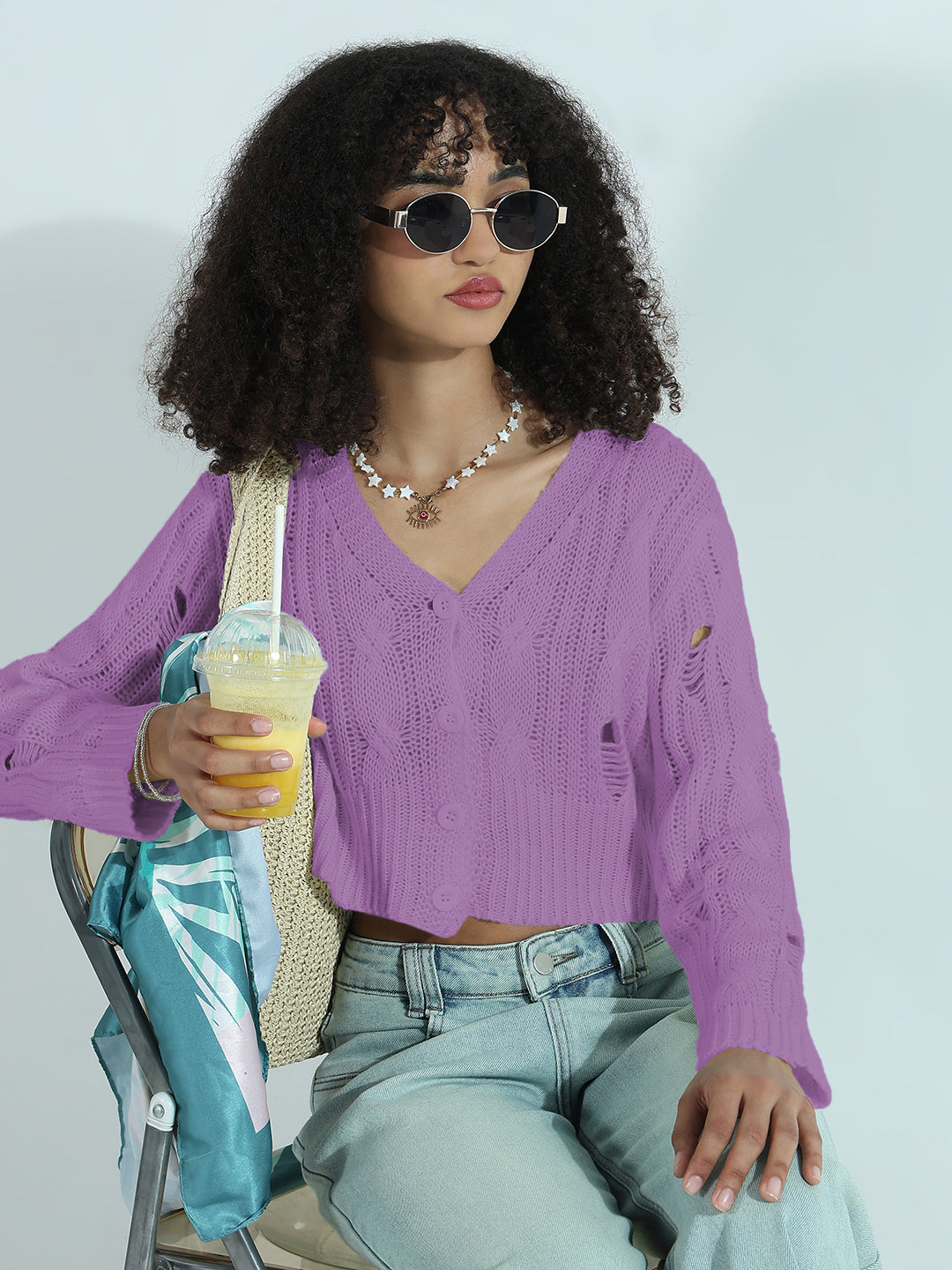 Women's Distressed Purple Cropped Sweater Top
