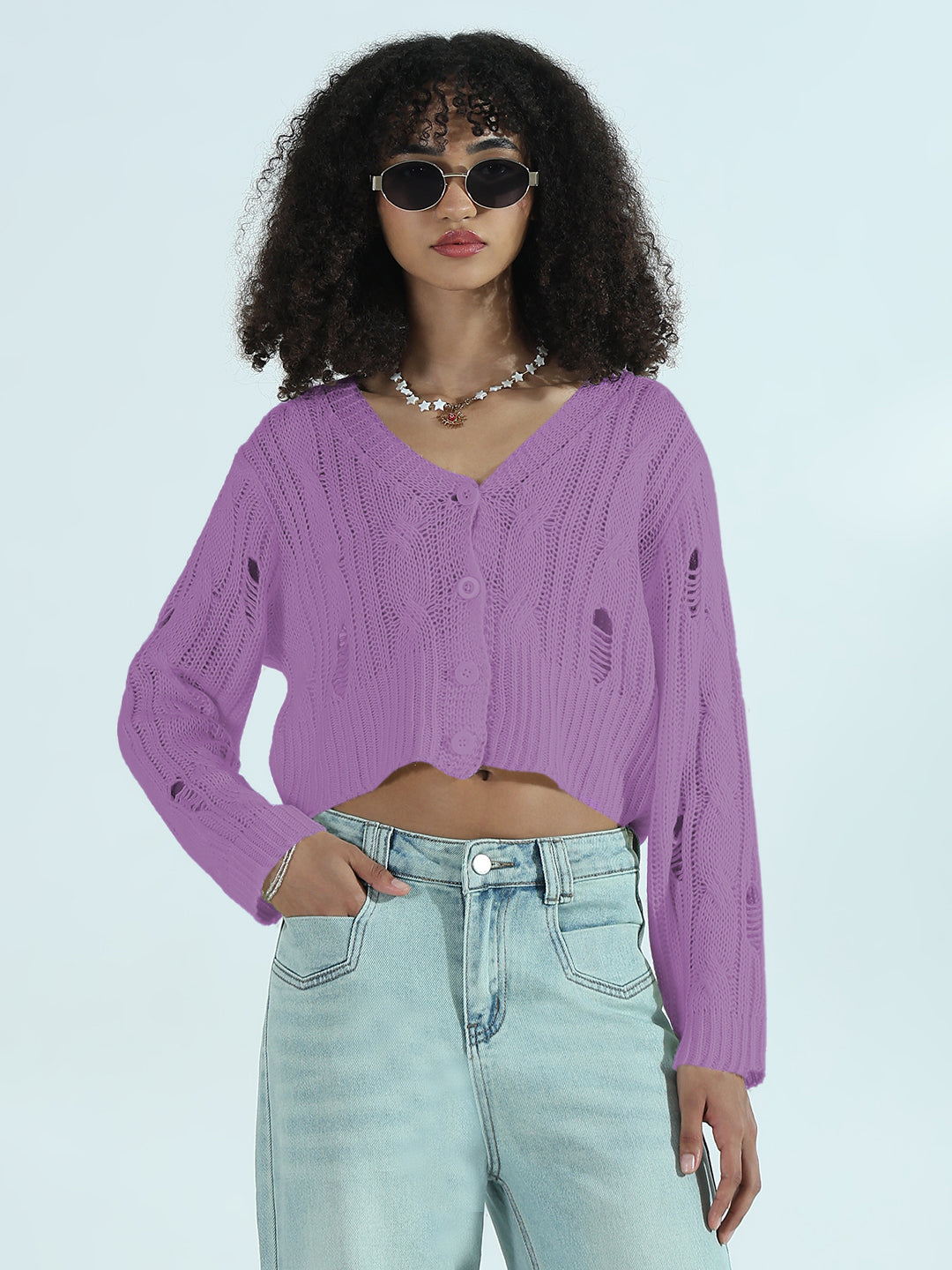 Women's Distressed Purple Cropped Sweater Top