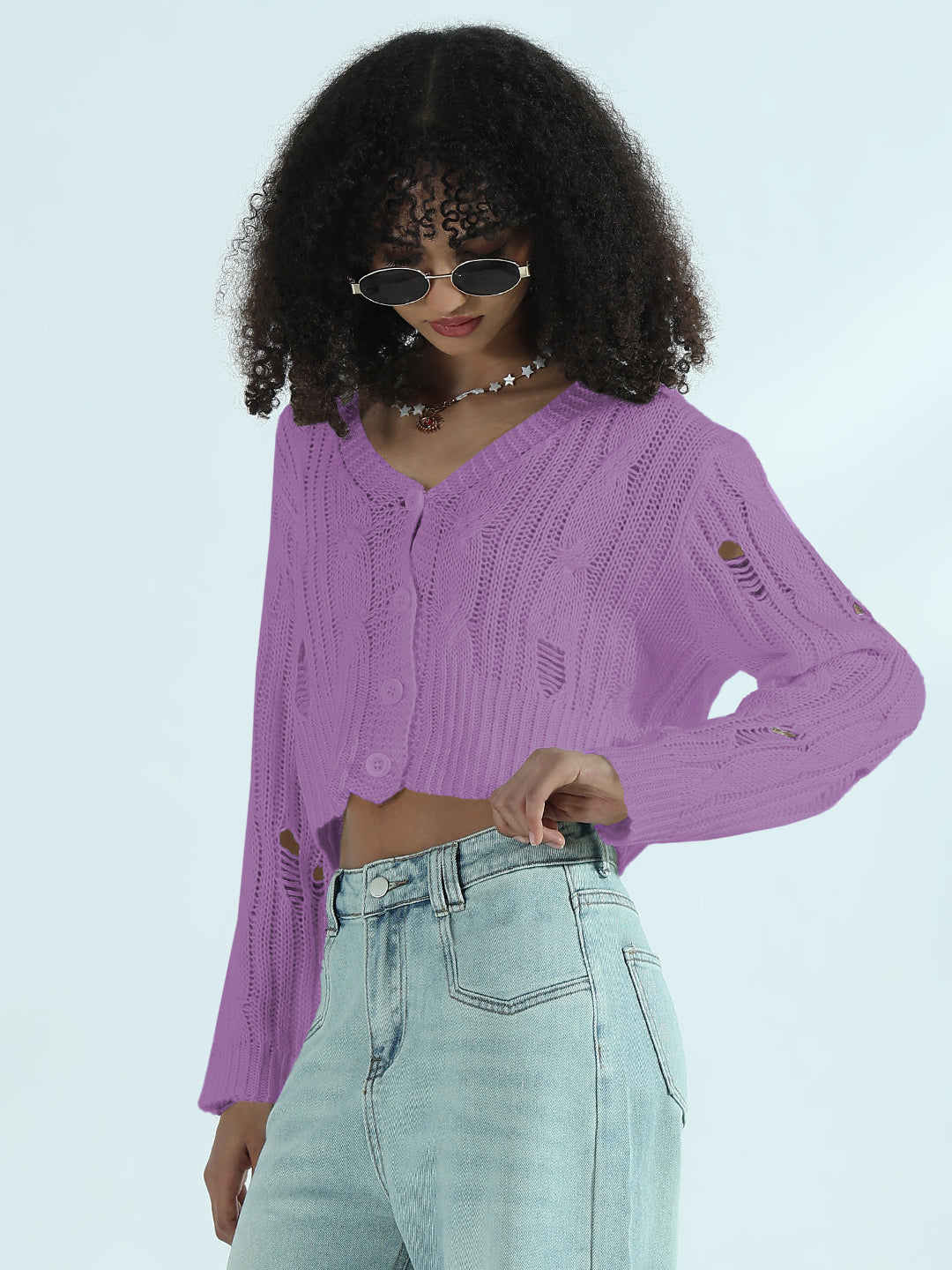 Women's Distressed Purple Cropped Sweater Top