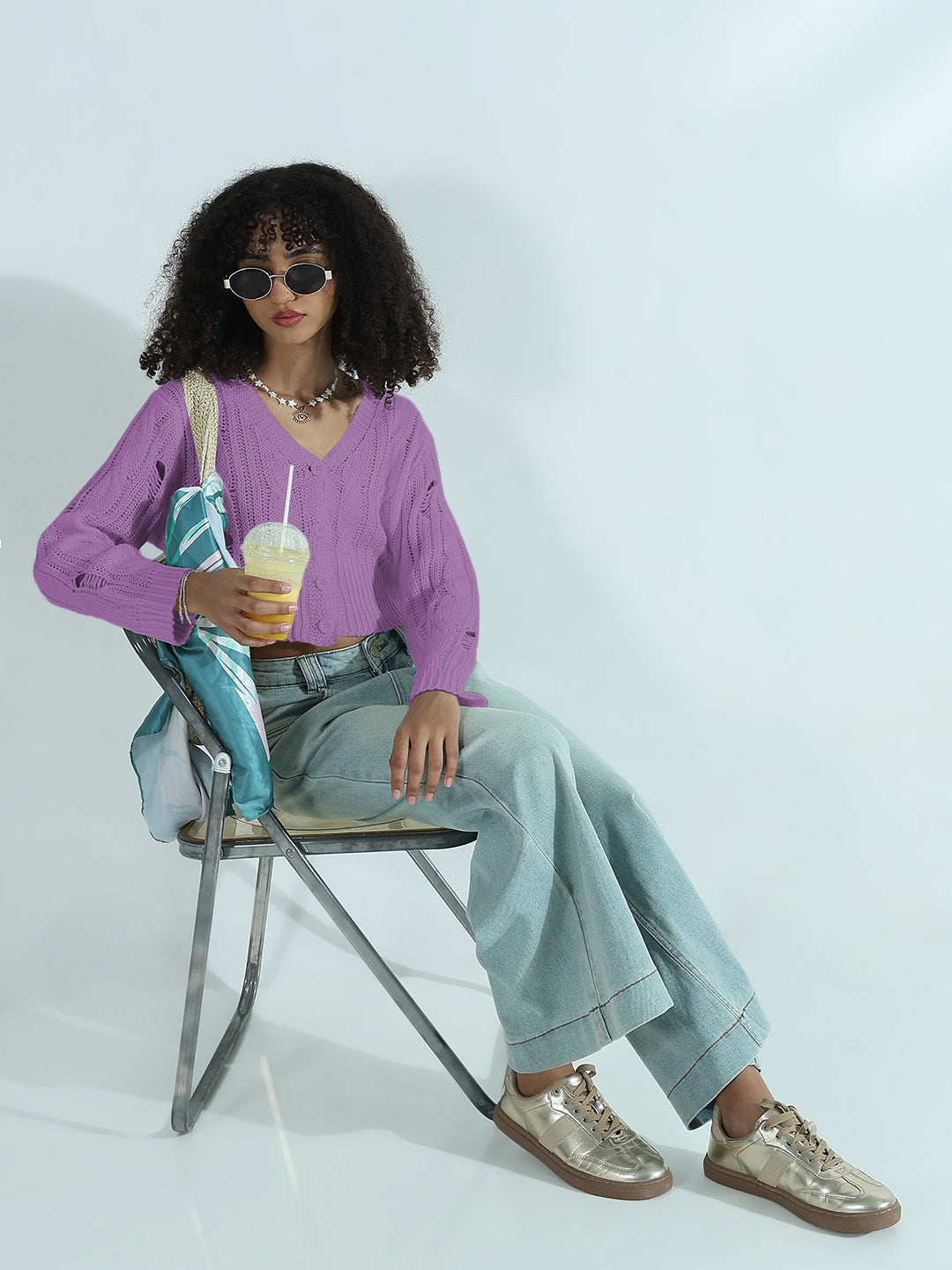 Women's Distressed Purple Cropped Sweater Top