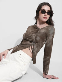 Women's Brown Tie Dye Ruched Asymmetrical Top