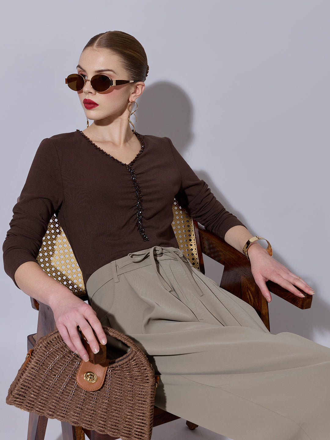 Women's Embellished Brown Fitted V-Neck Full Sleeves Ruched Top