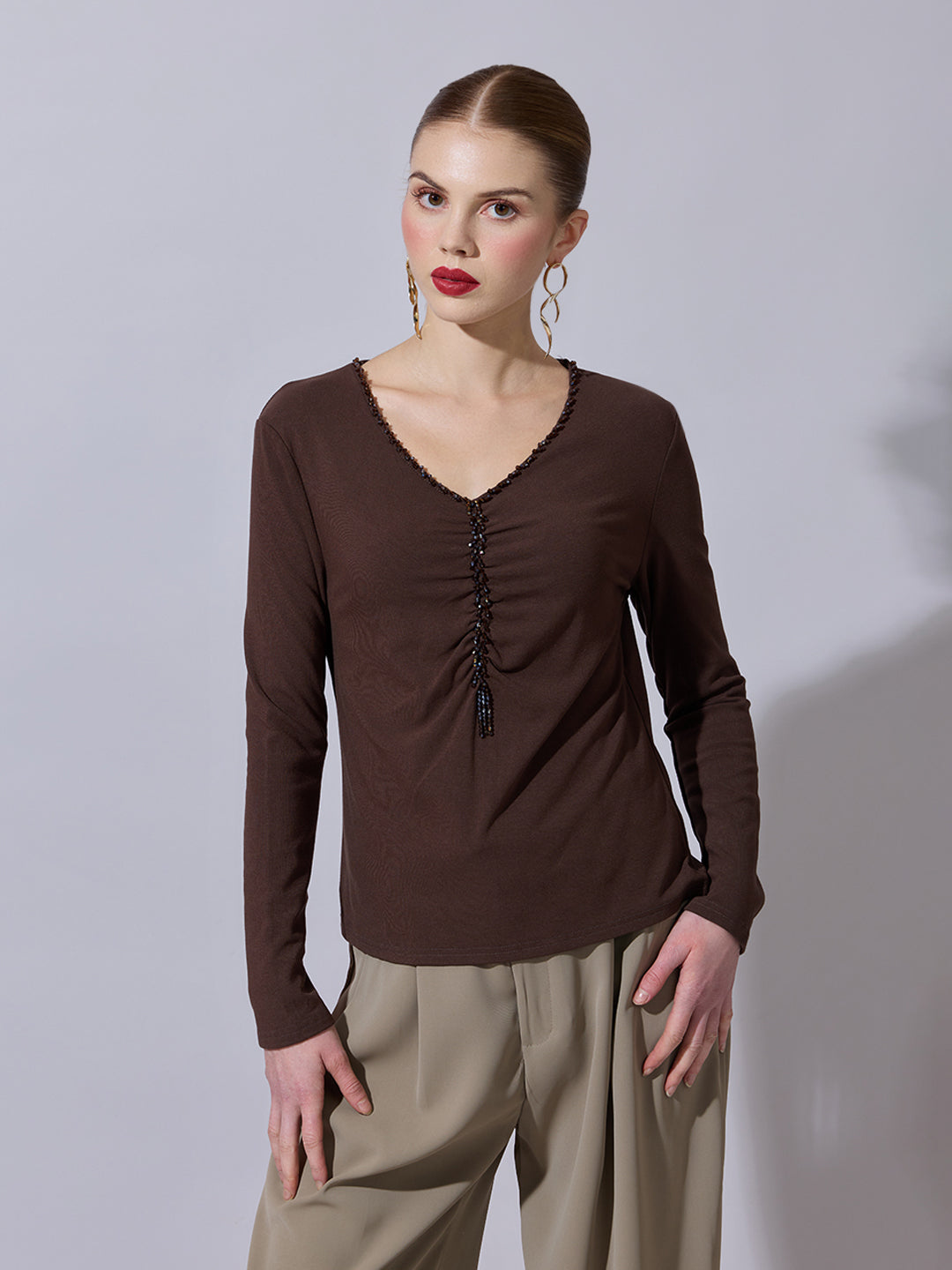 Women's Embellished Brown Fitted V-Neck Full Sleeves Ruched Top