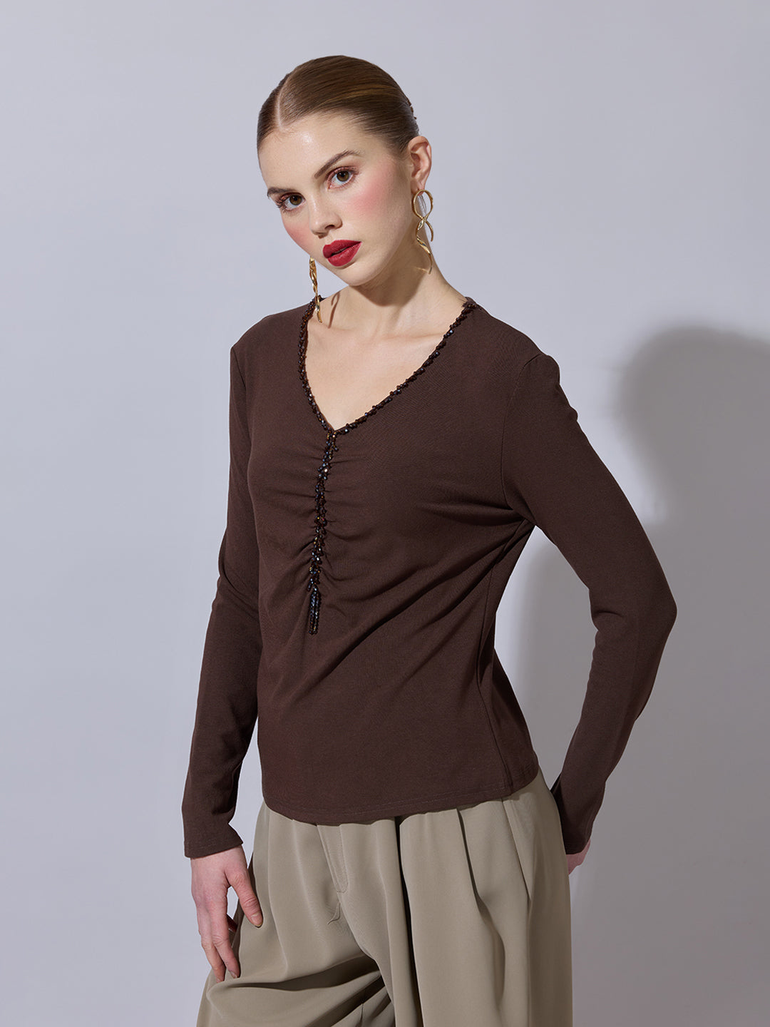 Women's Embellished Brown Fitted V-Neck Full Sleeves Ruched Top