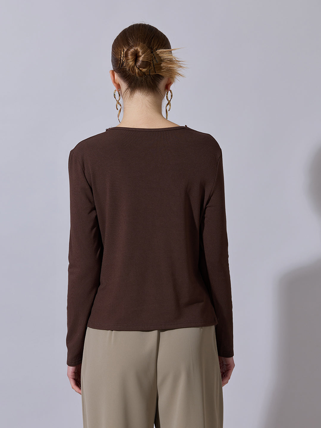 Women's Embellished Brown Fitted V-Neck Full Sleeves Ruched Top
