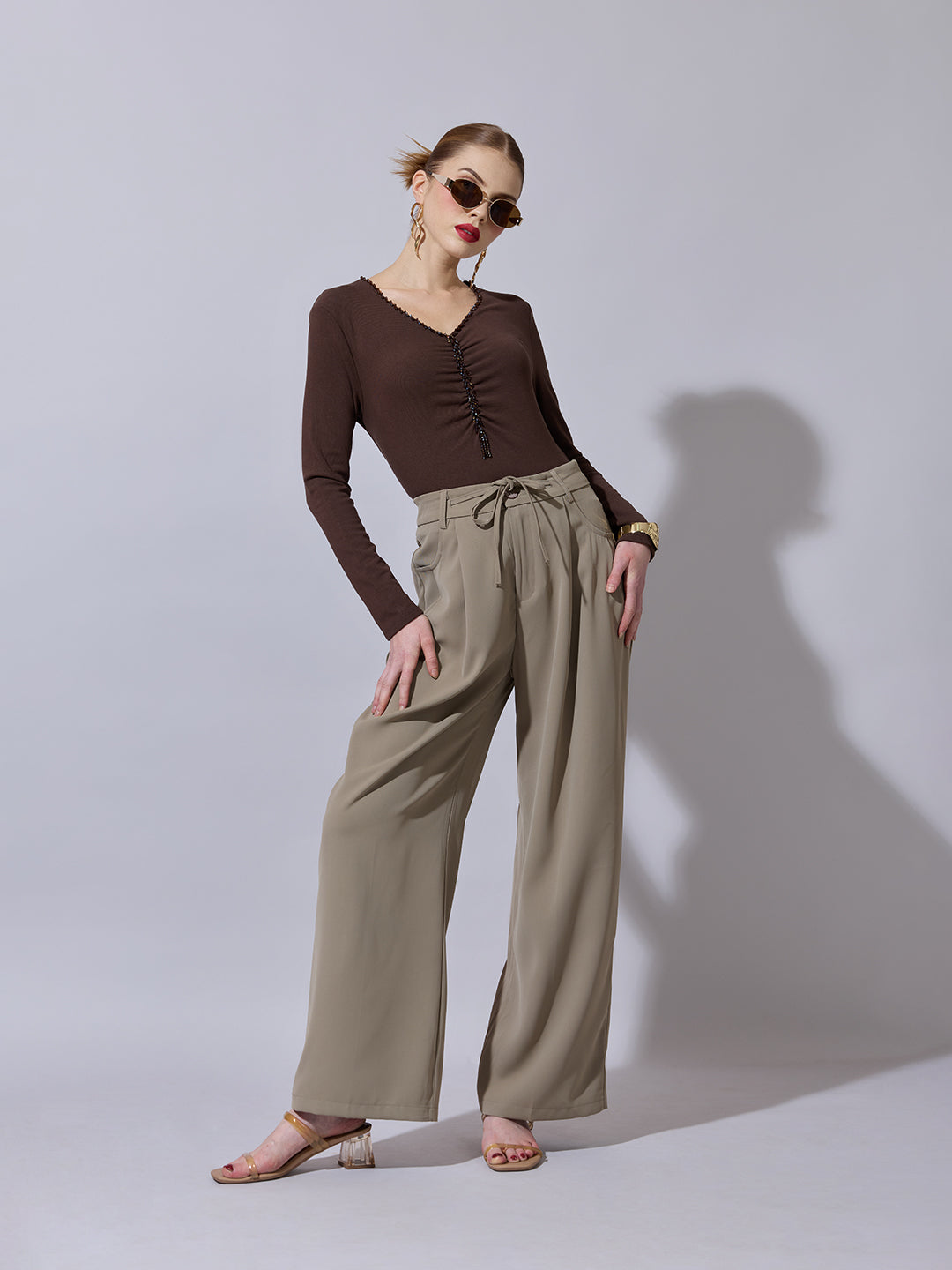 Women's Embellished Brown Fitted V-Neck Full Sleeves Ruched Top