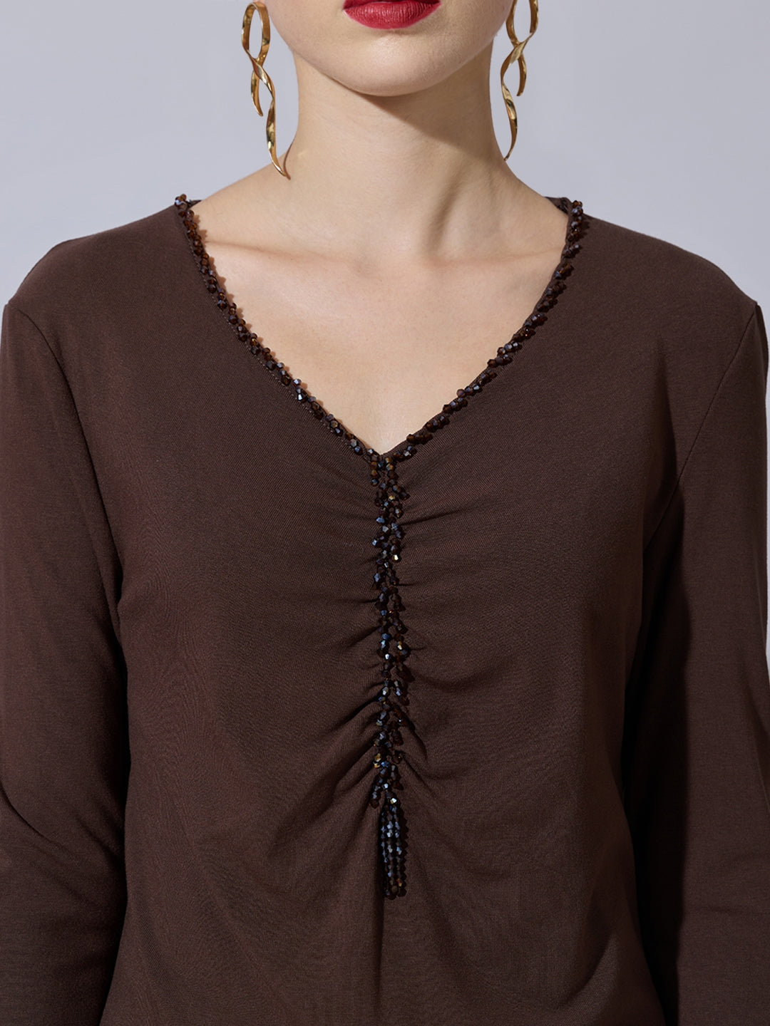 Women's Embellished Brown Fitted V-Neck Full Sleeves Ruched Top