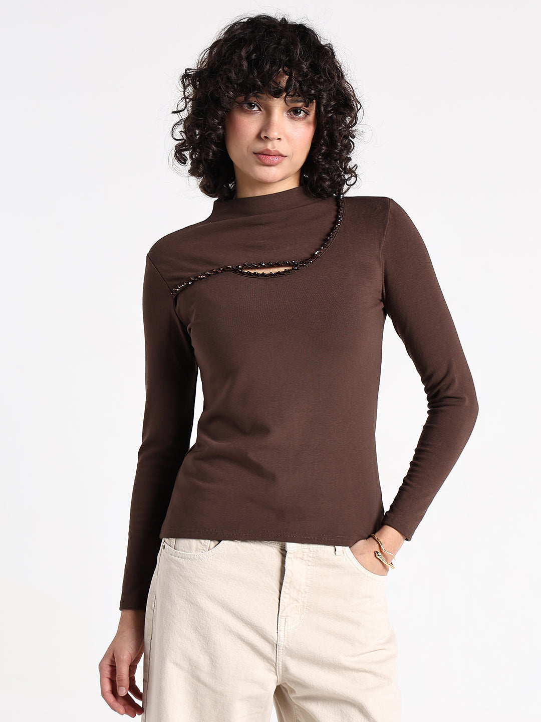 Women's Brown High Neck Cut-Out Top with Beaded Detailing
