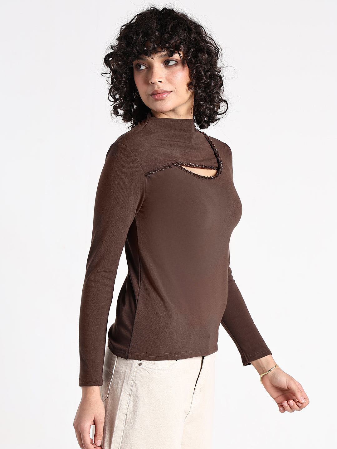 Women's Brown High Neck Cut-Out Top with Beaded Detailing