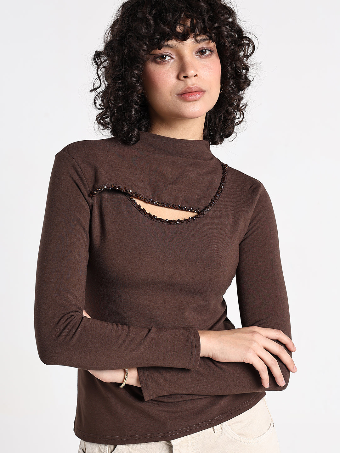 Women's Brown High Neck Cut-Out Top with Beaded Detailing