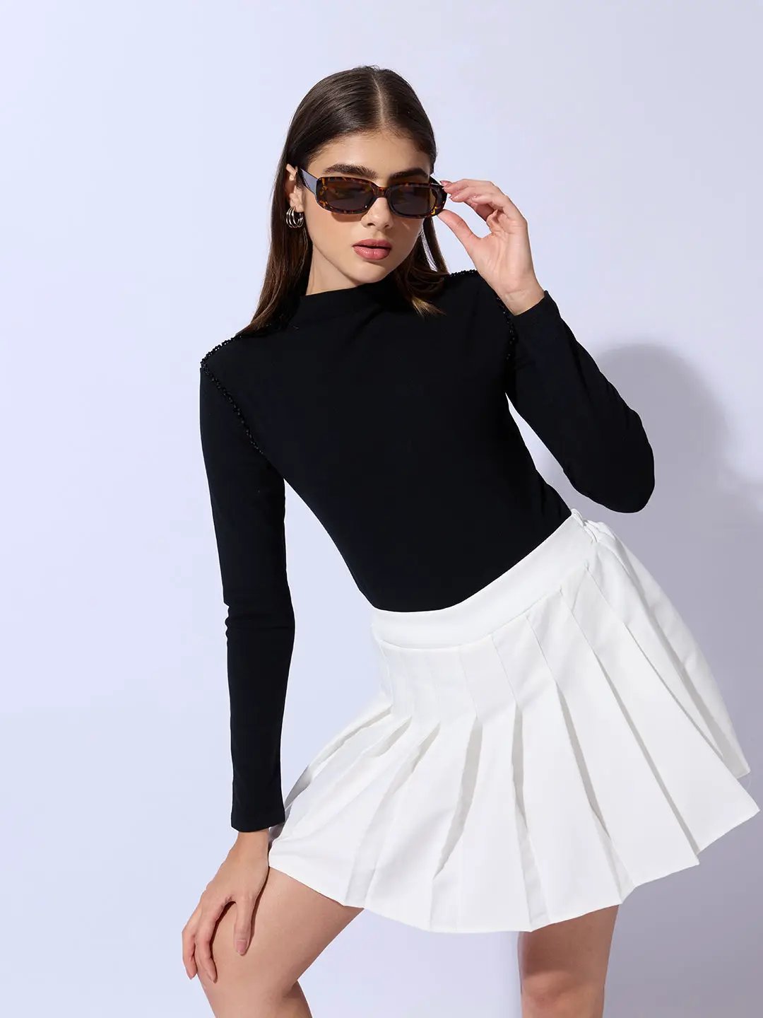 Women's Black Embellished High Neck Top