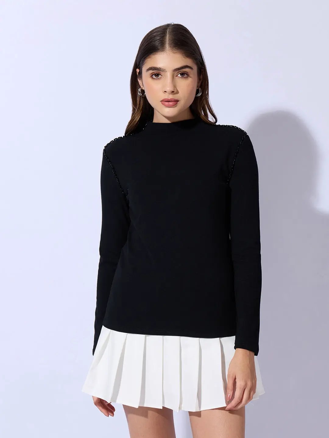Women's Black Embellished High Neck Top