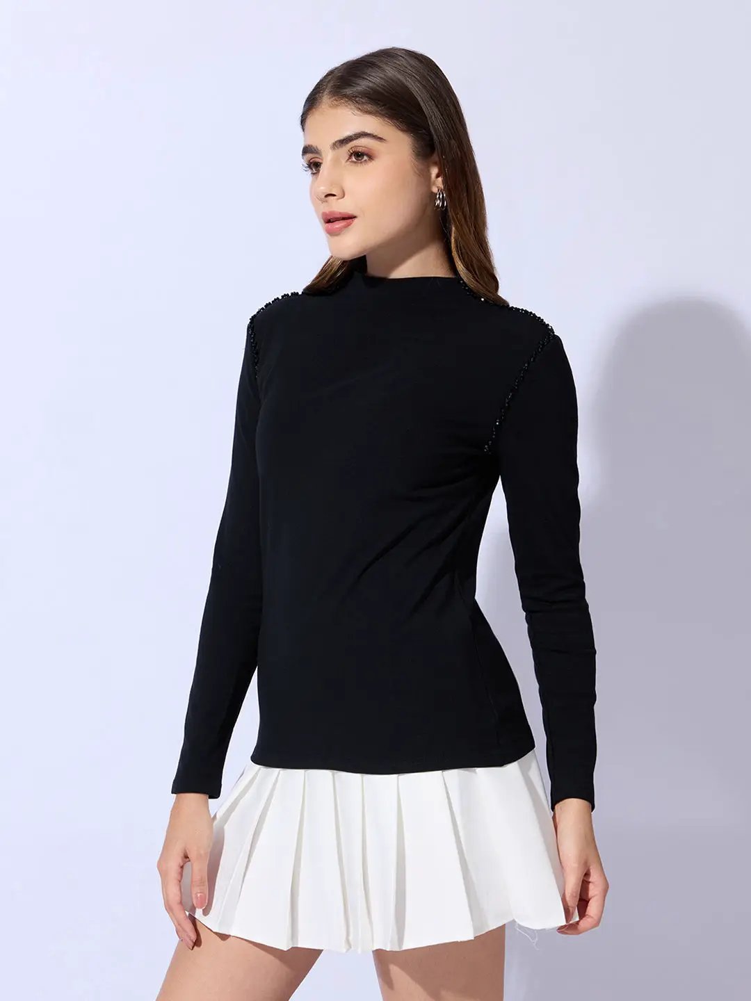 Women's Black Embellished High Neck Top