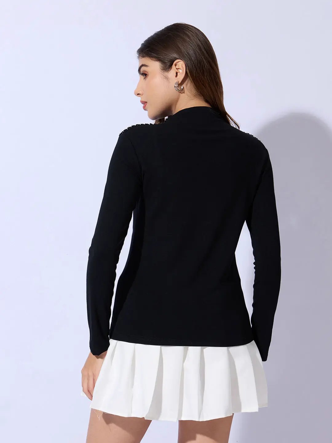 Women's Black Embellished High Neck Top