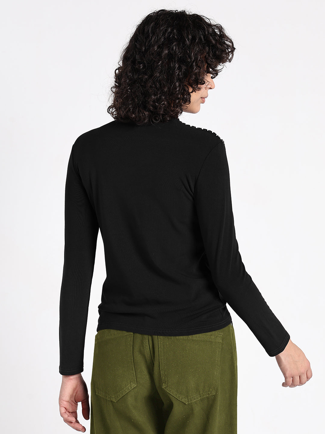 Women's Black Embellished High Neck Top