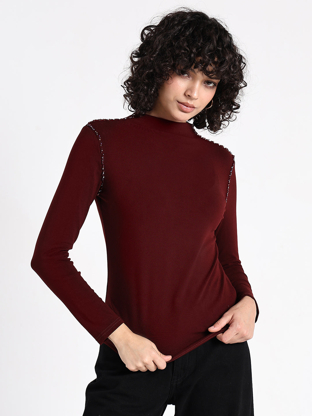 Women's Maroon Embellished High Neck Top