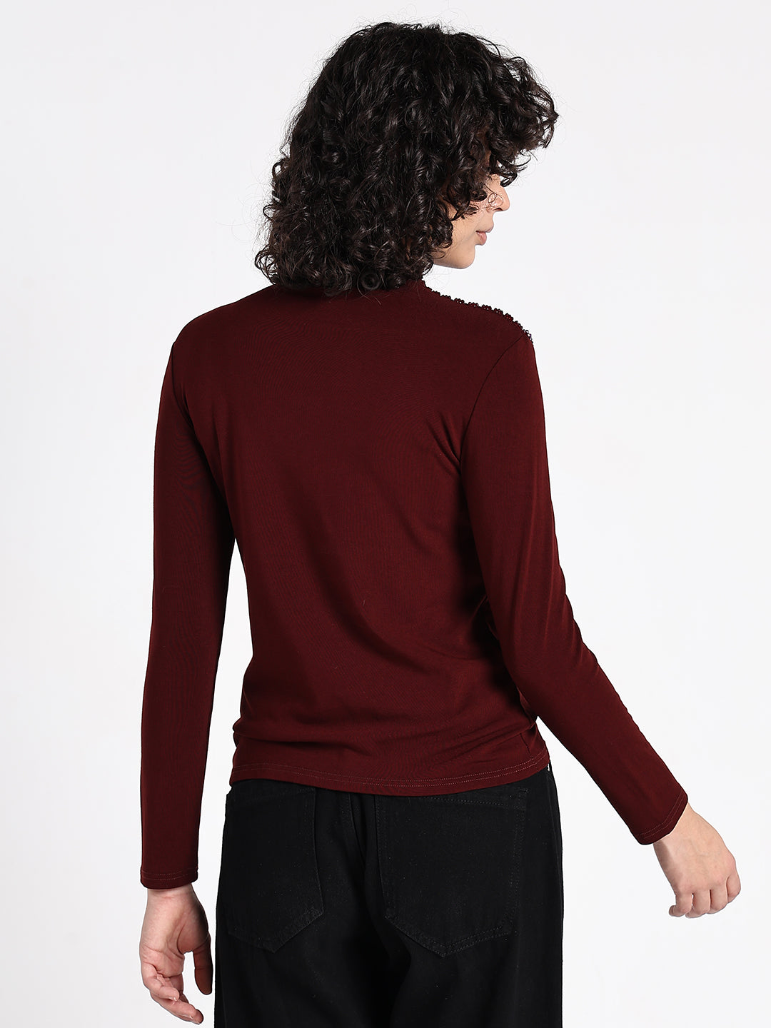 Women's Maroon Embellished High Neck Top