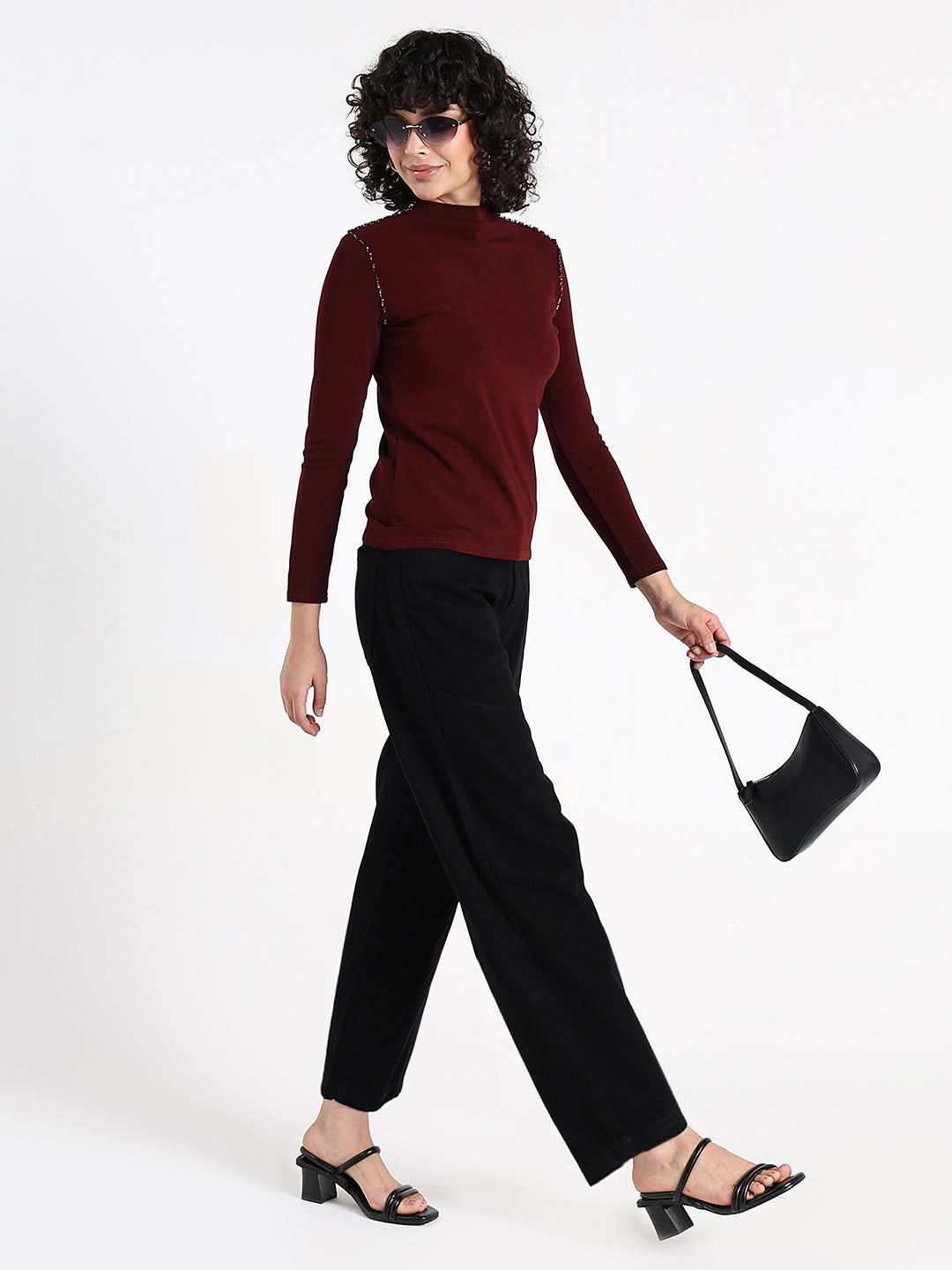 Women's Maroon Embellished High Neck Top