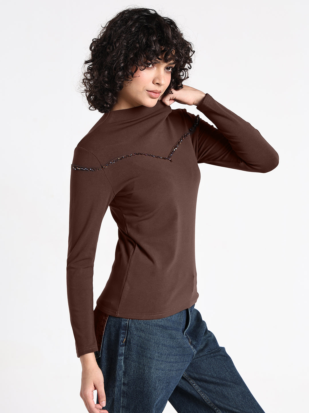 Women's Brown Embellished High Neck Top