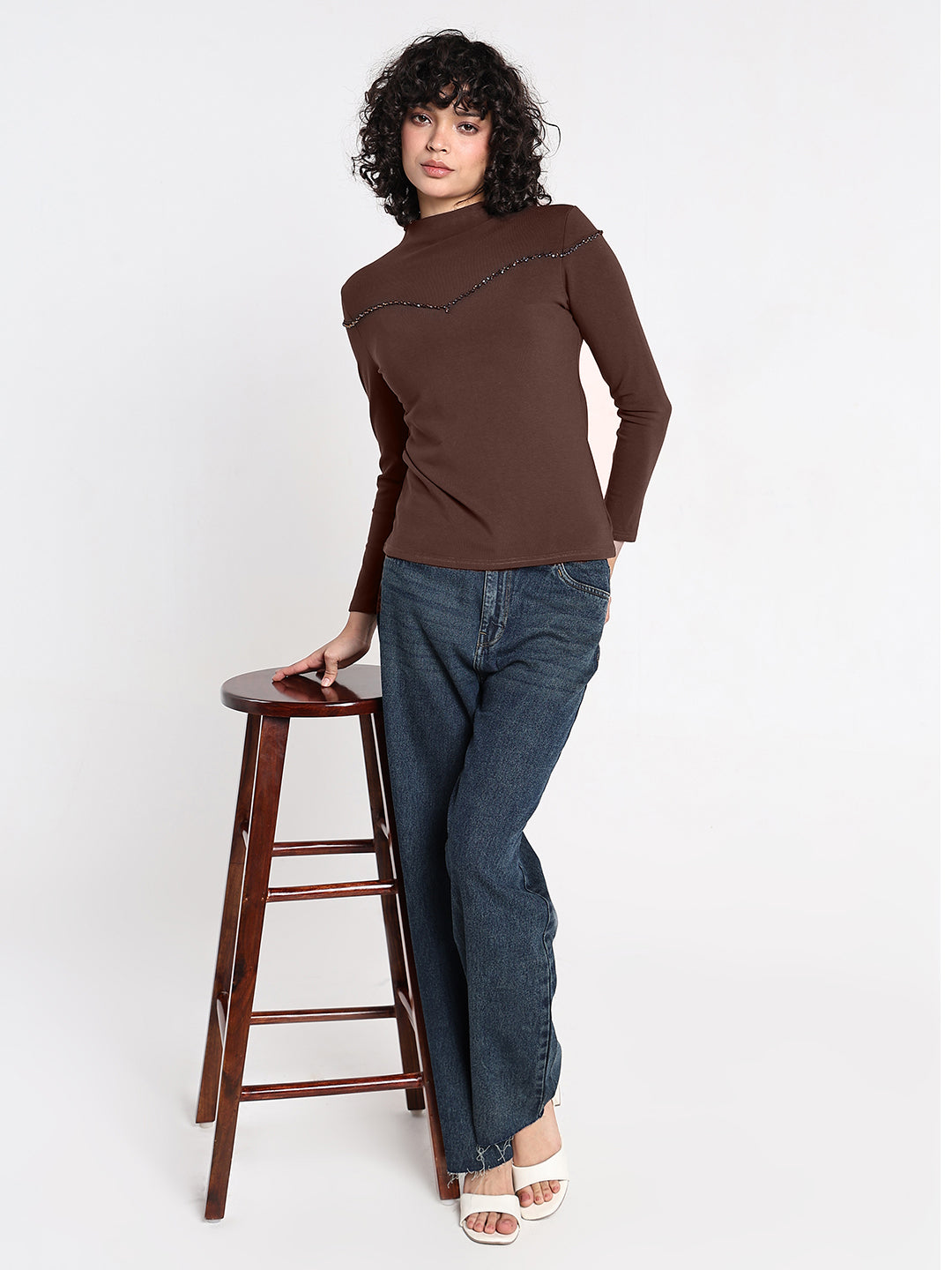 Women's Brown Embellished High Neck Top