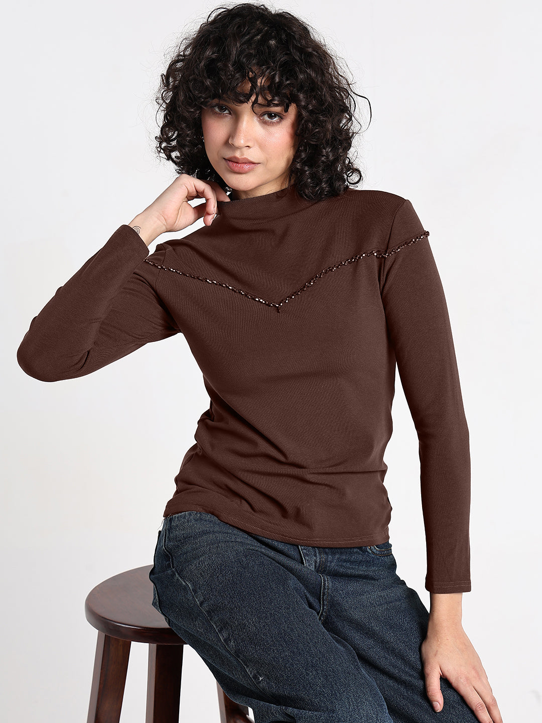 Women's Brown Embellished High Neck Top