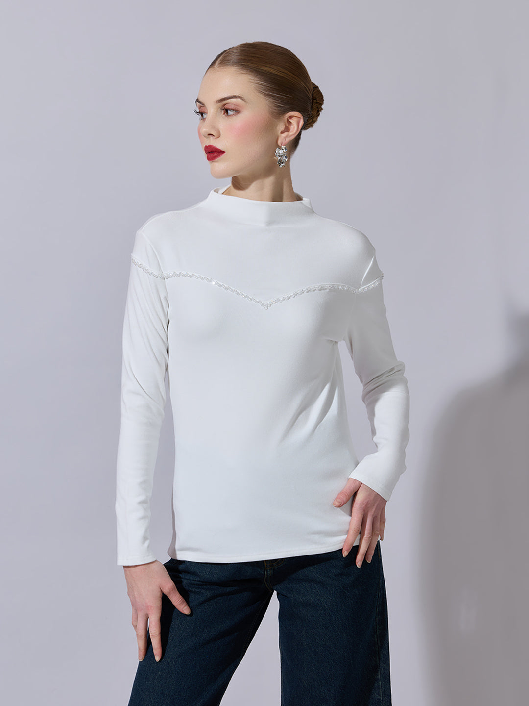 Women's Embellished White High-Neck Top