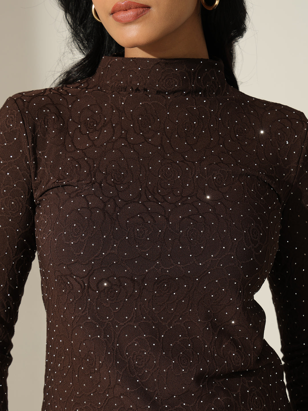 Women's Textured Brown High-Neck Top