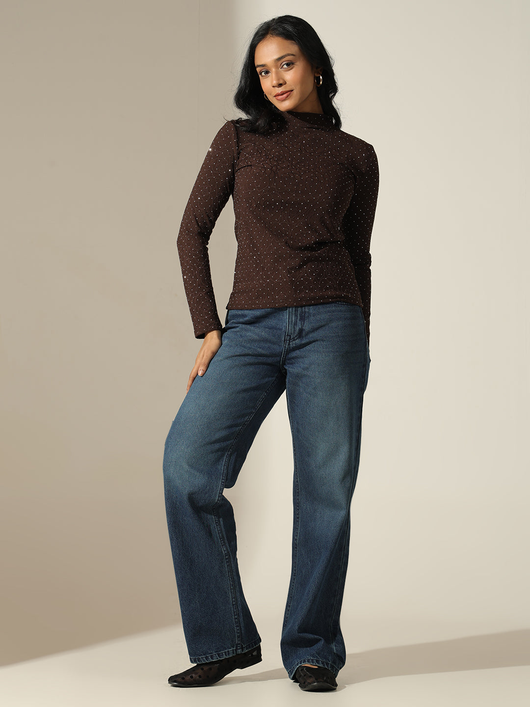 Women's Textured Brown High-Neck Top