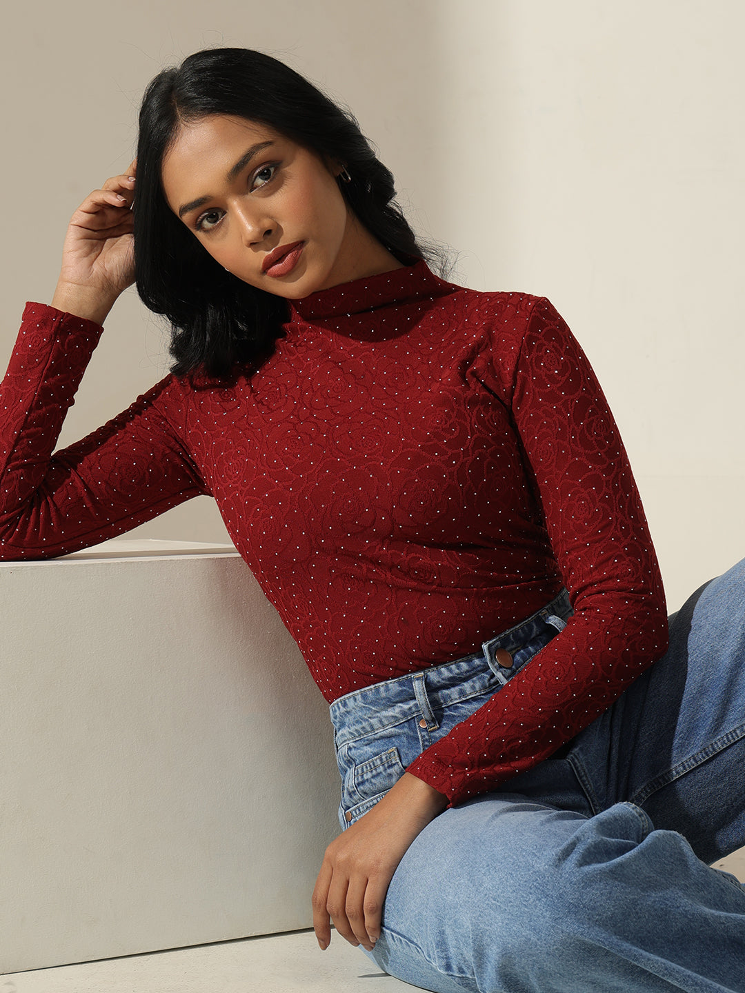 Women's Textured Red High-Neck Top