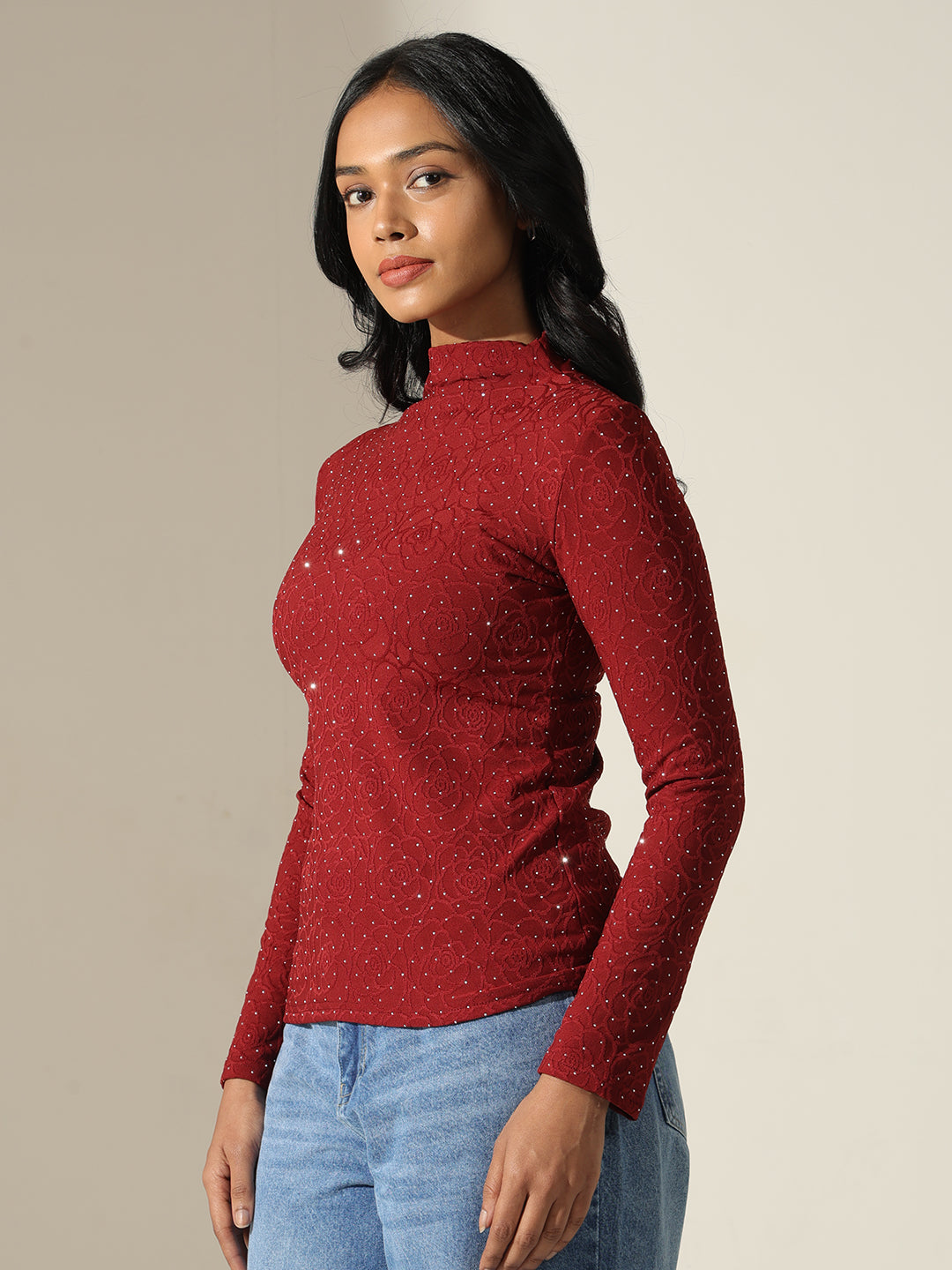Women's Textured Red High-Neck Top