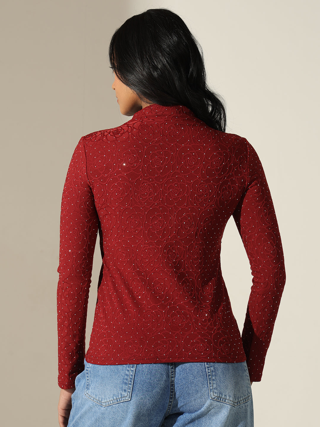 Women's Textured Red High-Neck Top