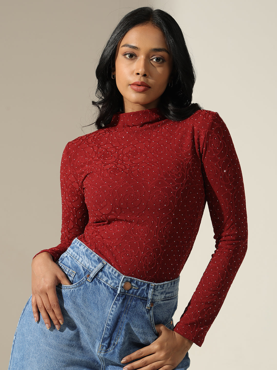 Women's Textured Red High-Neck Top