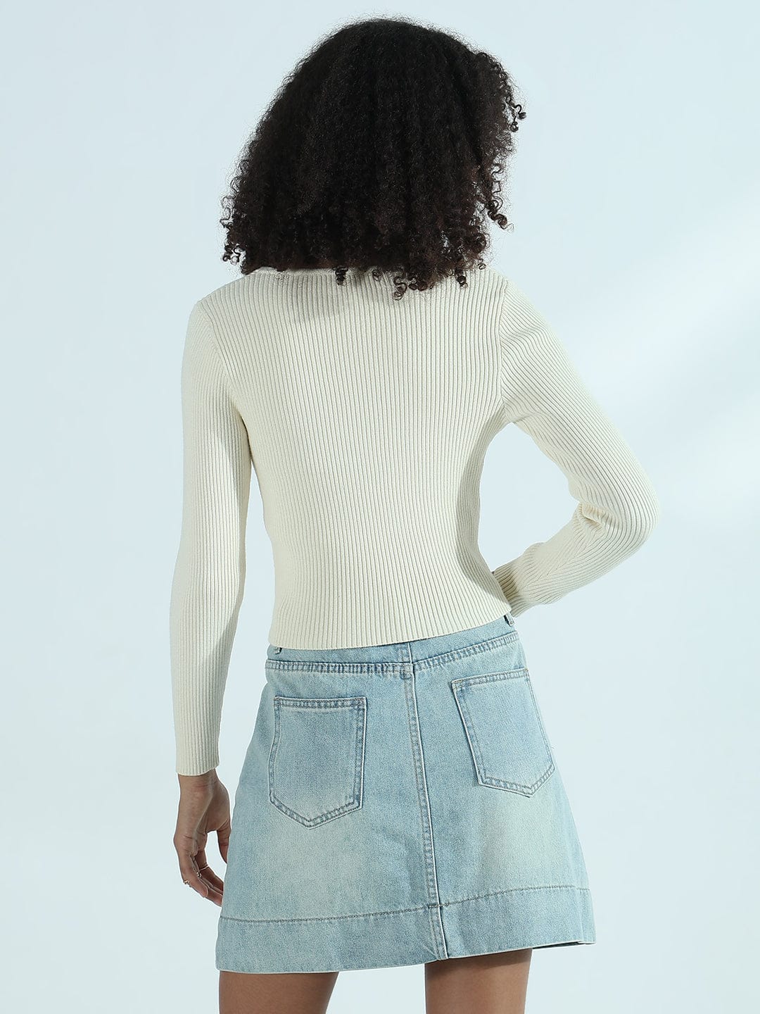 Women's Ribbed Cream Round Neck Fitted Top