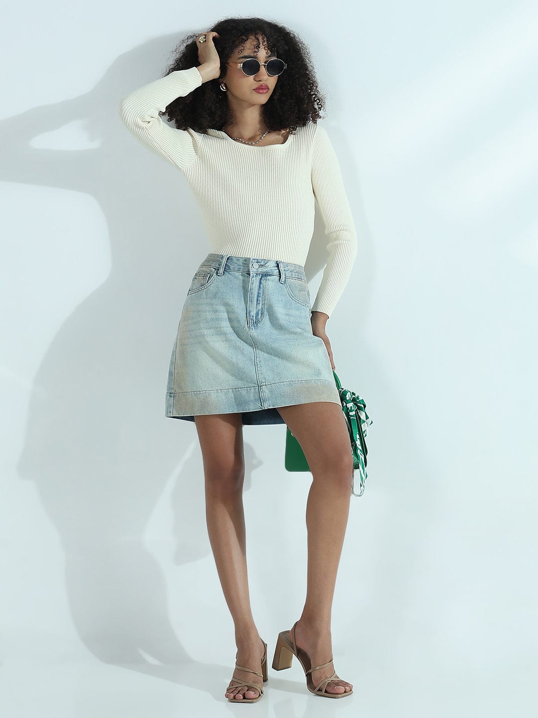 Women's Ribbed Cream Round Neck Fitted Top