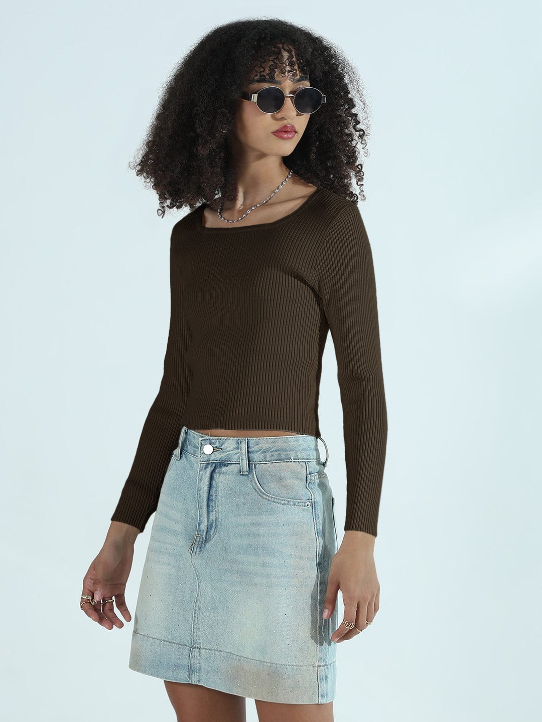 Women's Ribbed Olive Round Neck Fitted Top