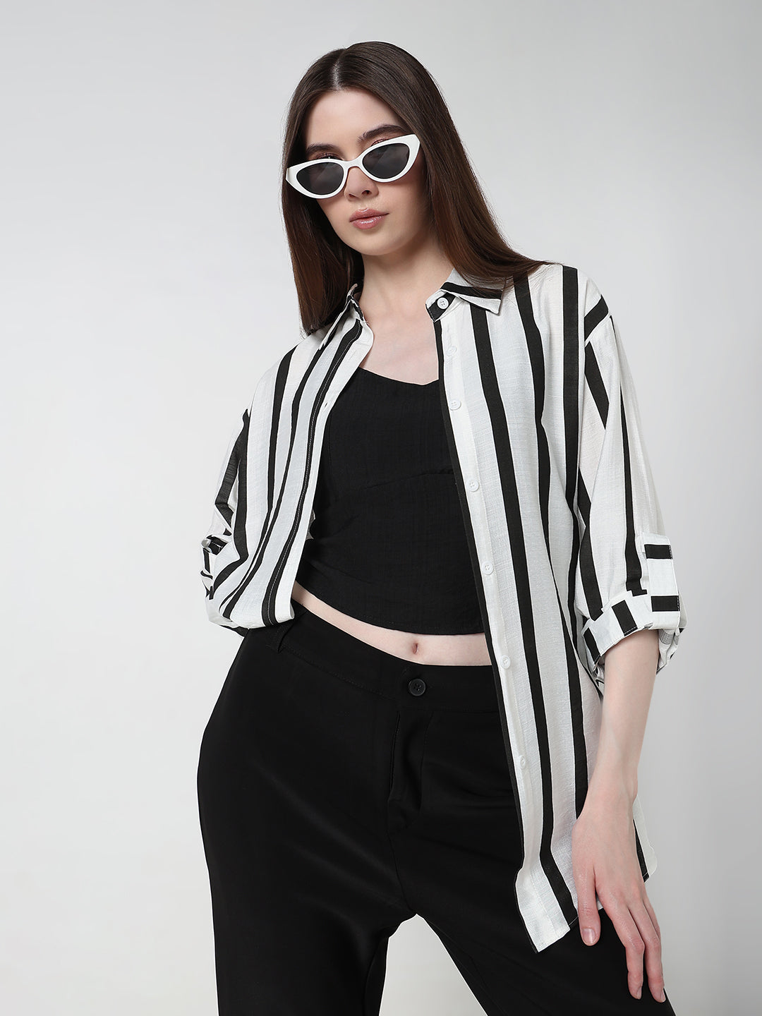 Women's Vertical Stripes Black Regular Fit Shirt with Cami Top