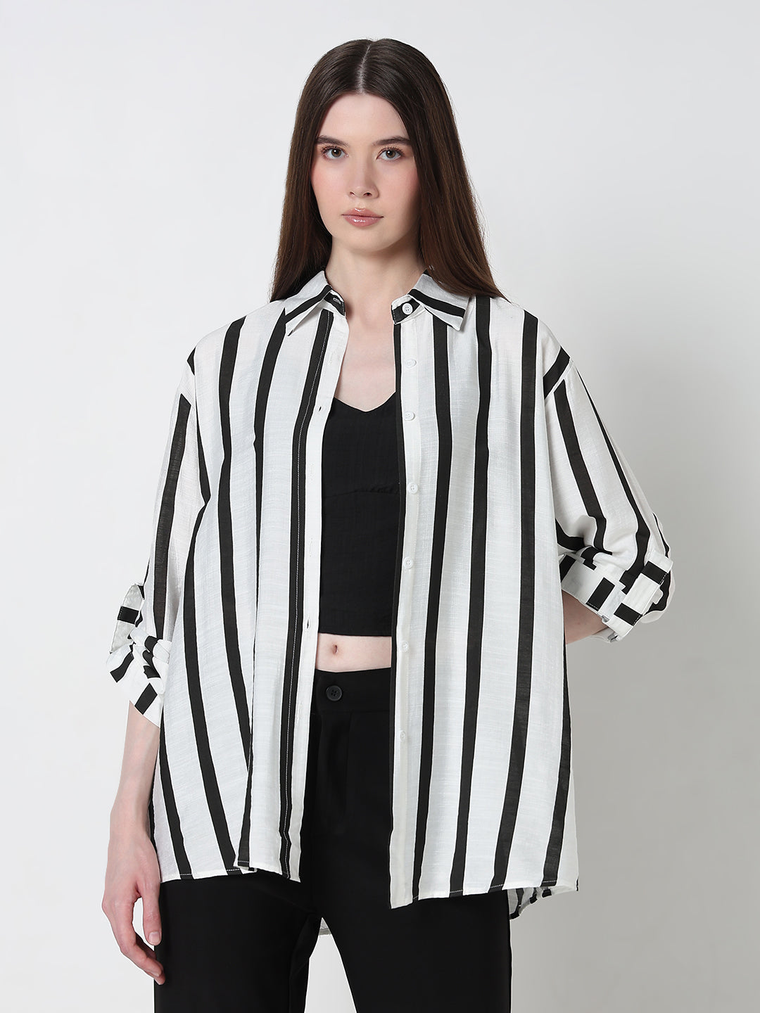 Women's Vertical Stripes Black Regular Fit Shirt with Cami Top