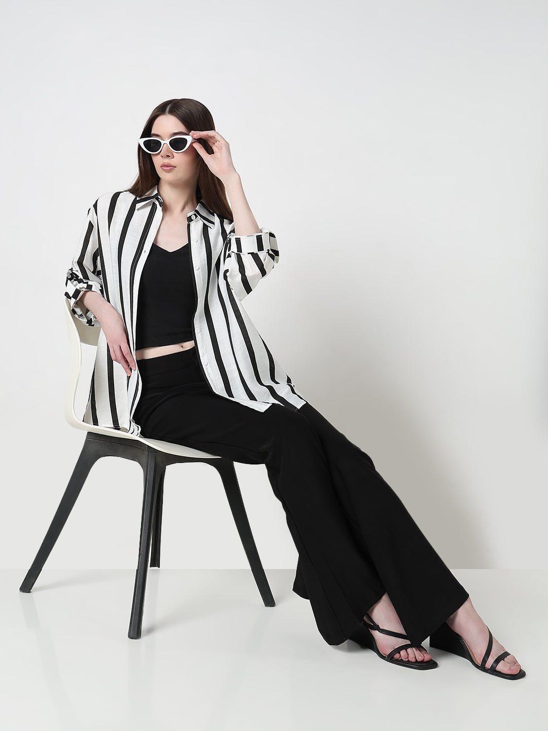 Women's Vertical Stripes Black Regular Fit Shirt with Cami Top