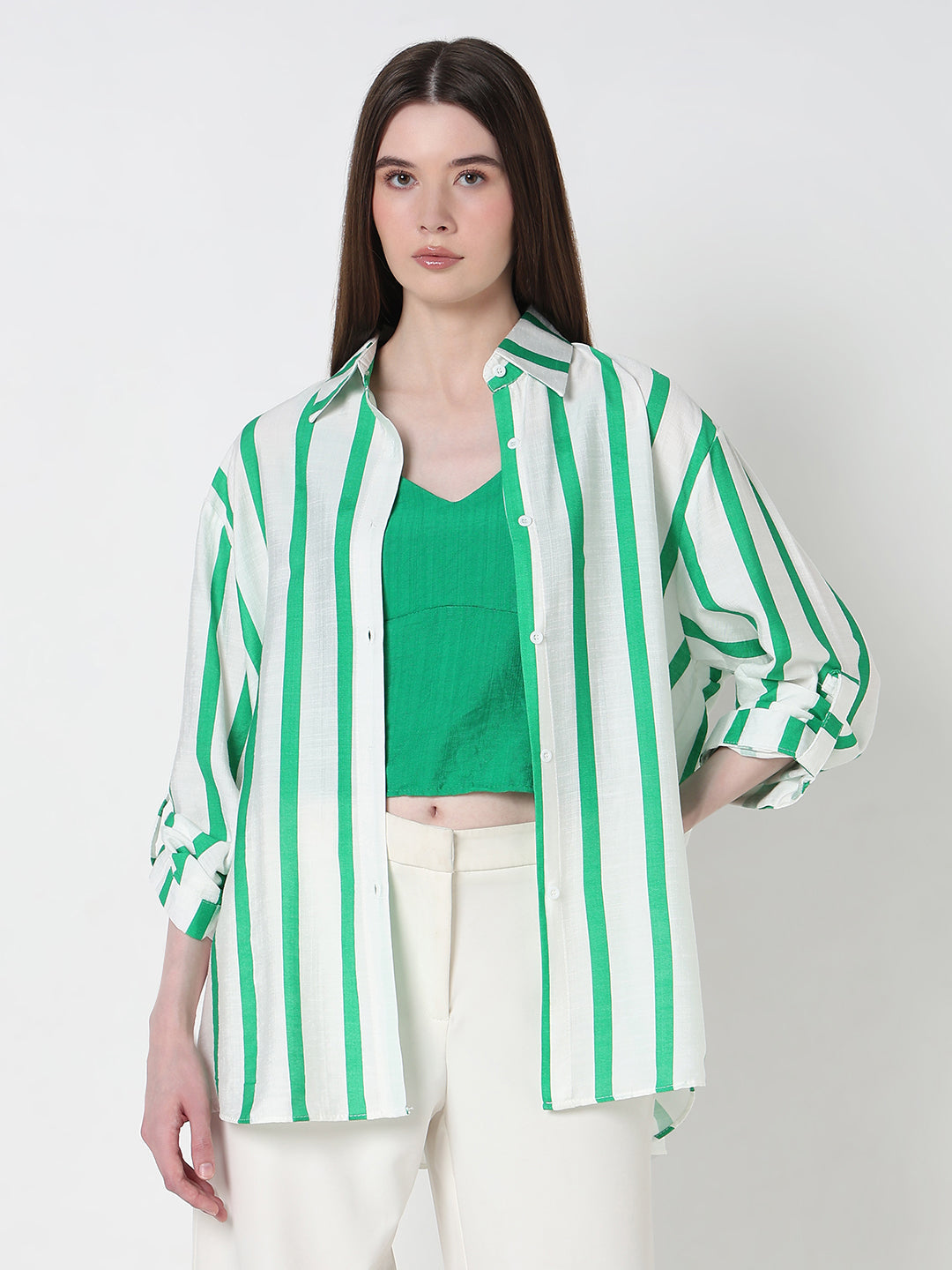 Shop Women's Vertical Stripes Green Regular Fit Shirt with Cami