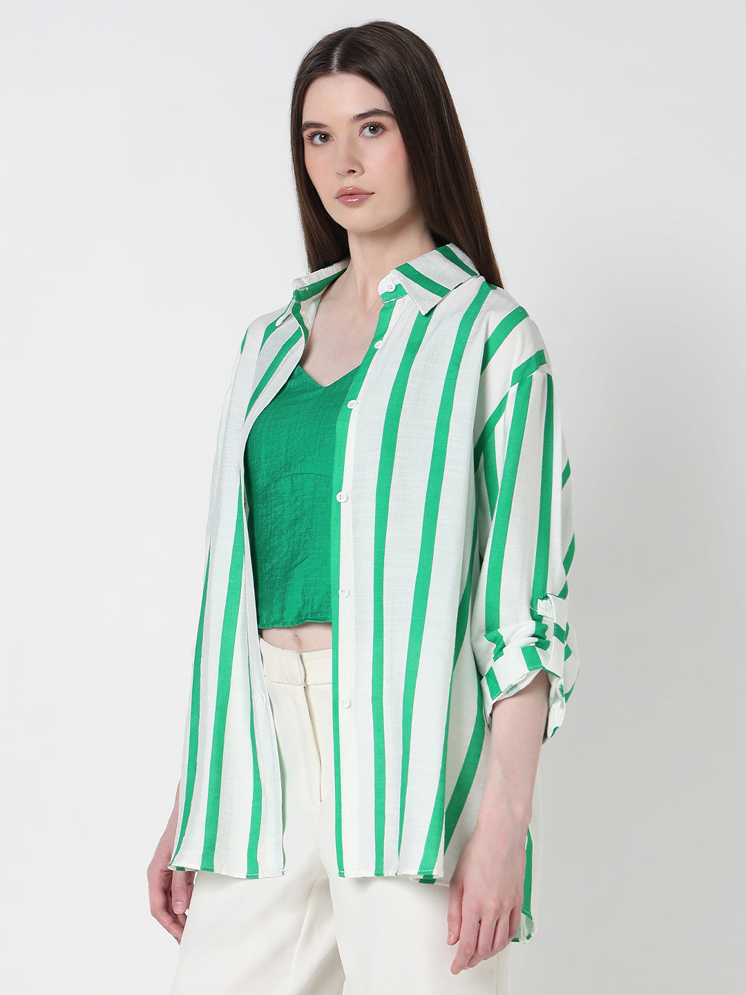 Women's Vertical Stripes Green Regular Fit Shirt with Cami Top