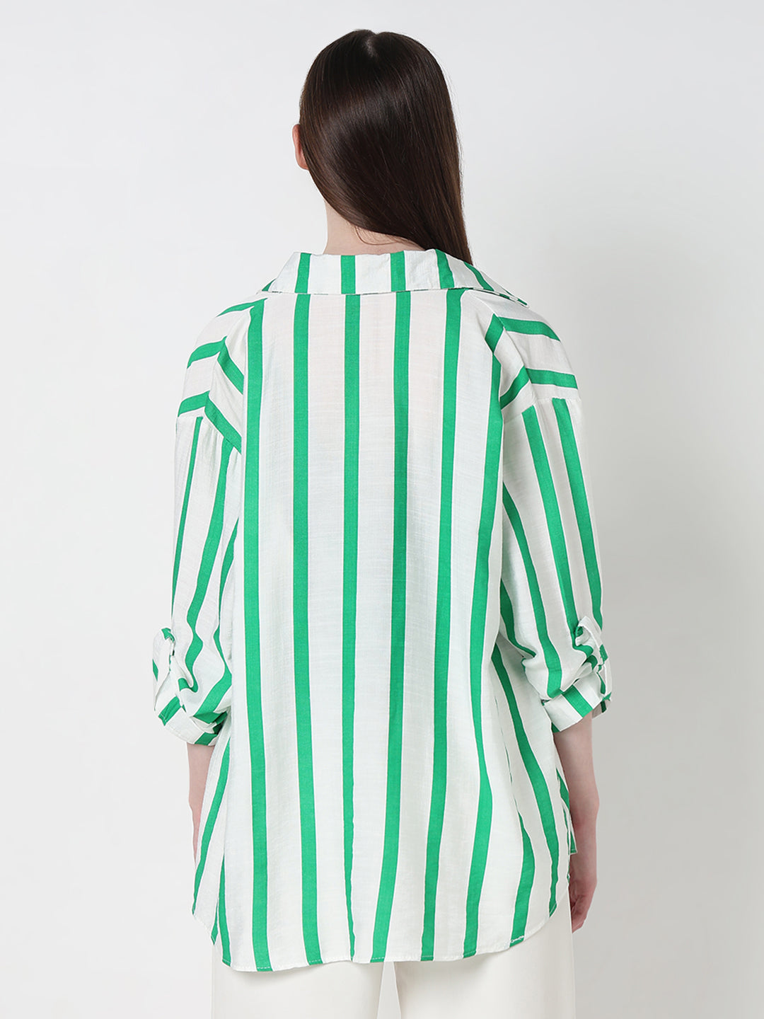 Women's Vertical Stripes Green Regular Fit Shirt with Cami Top